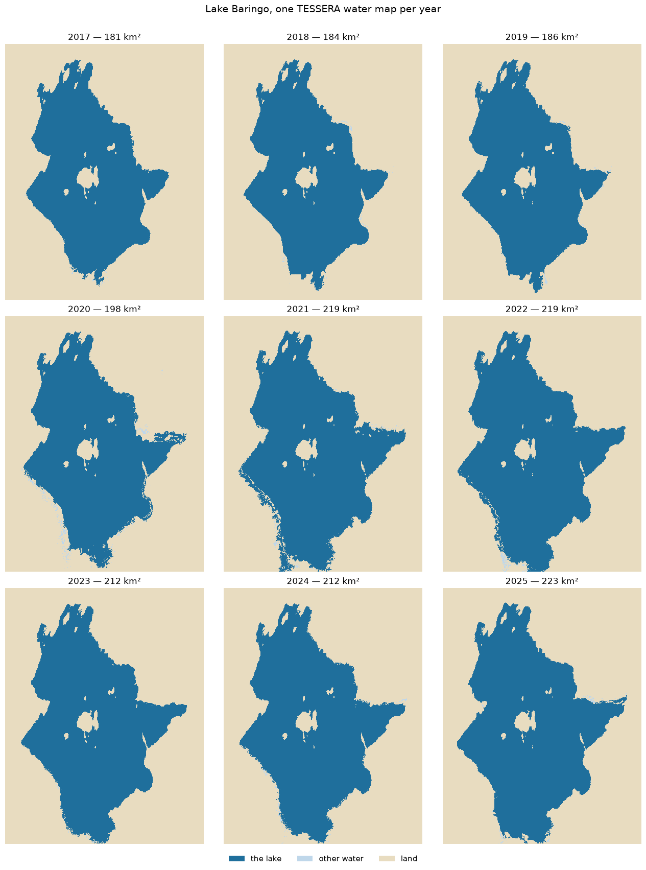 A 3-by-3 grid of yearly water maps of Lake Baringo, 2017 to 2025, with the lake gradually widening