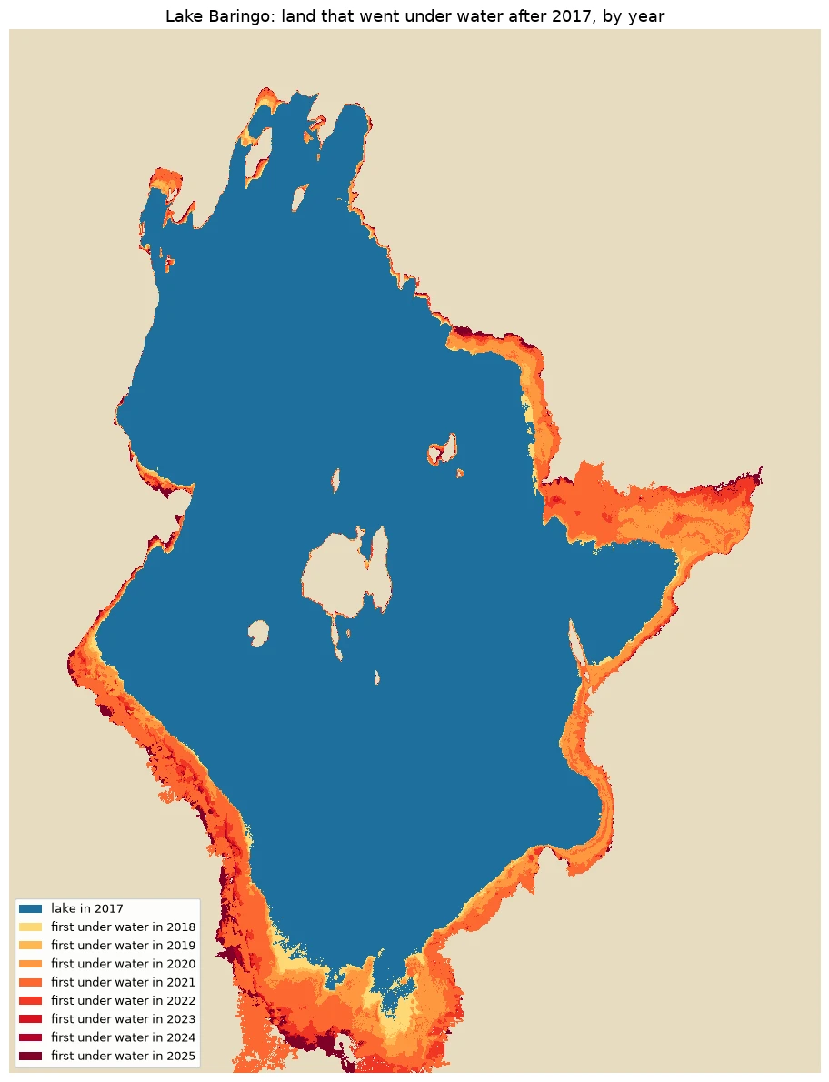 Map of Lake Baringo with the 2017 lake in blue and bands of colour showing land flooded in each later year