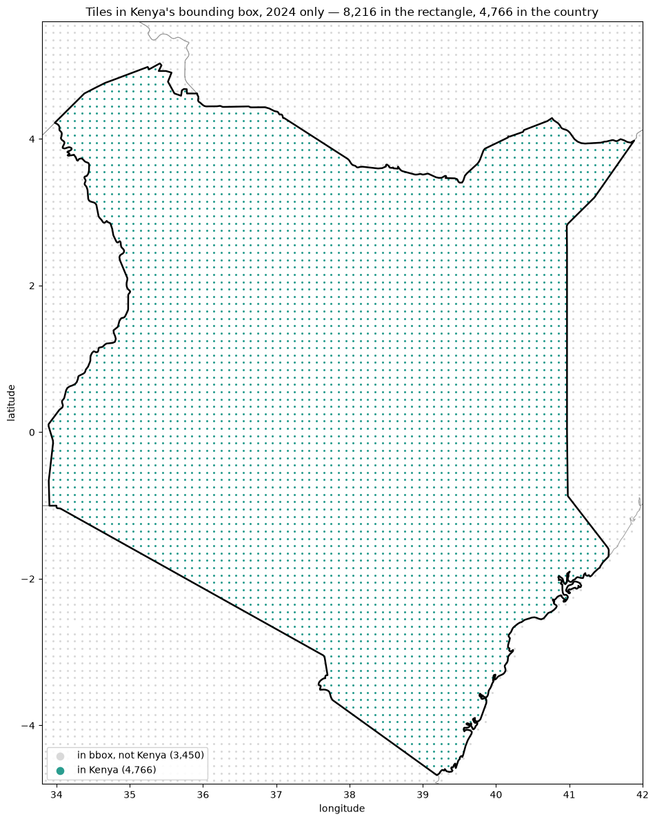 Map of Kenya covered by a regular grid of green dots, one per TESSERA tile