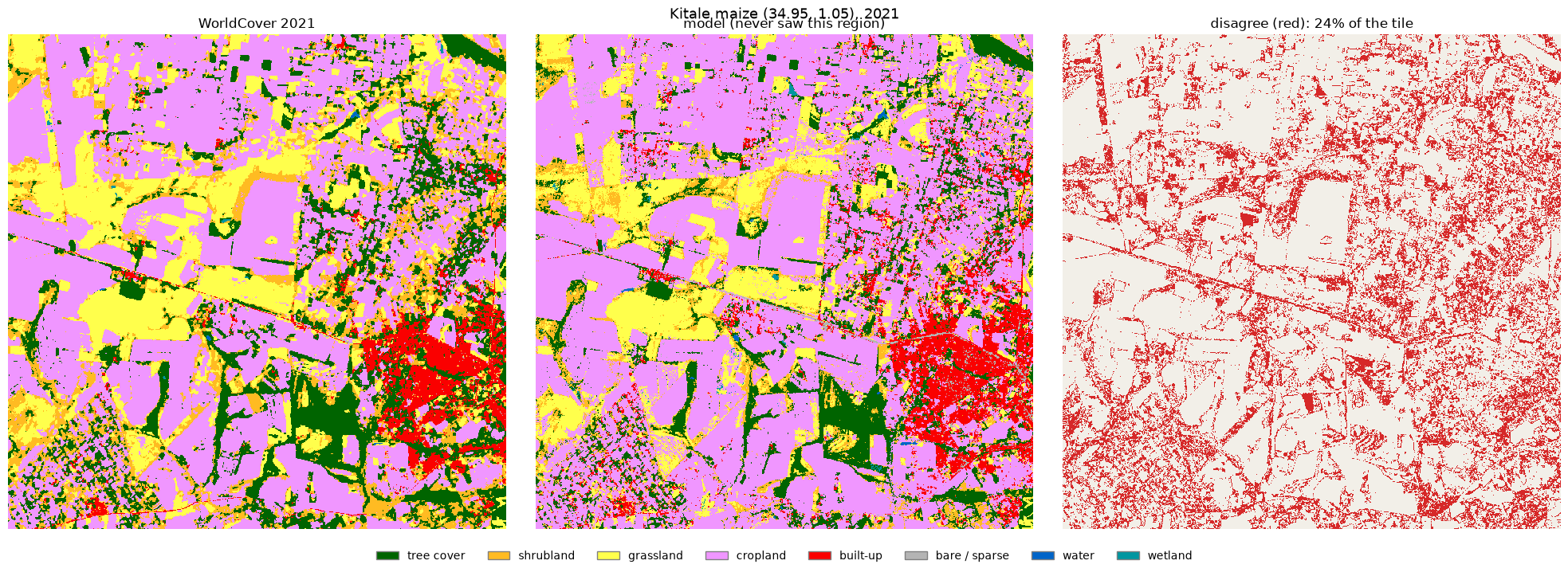 Three maps of Kitale: WorldCover labels, the model's prediction, and the disagreement in red