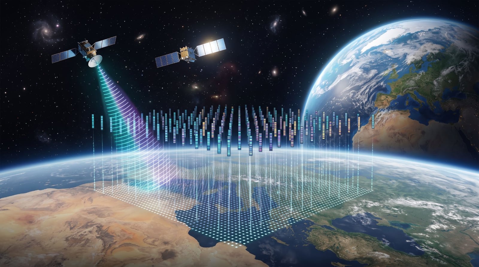 Satellites scanning Earth from orbit, with a grid of glowing embedding vectors rising from the ground below
